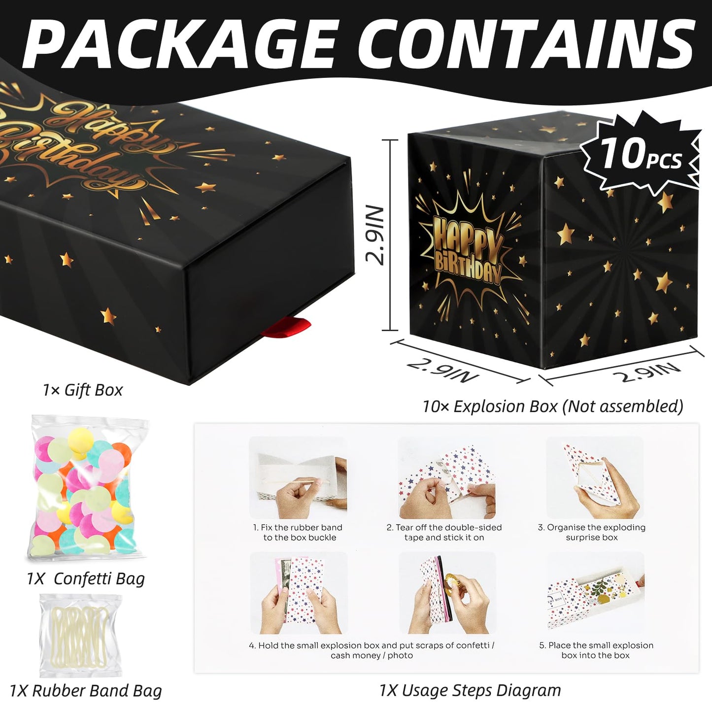 WenmthG Happy Birthday Surprise Gift Box Explosion – DIY Confetti Money Gift Box (Black Gold)