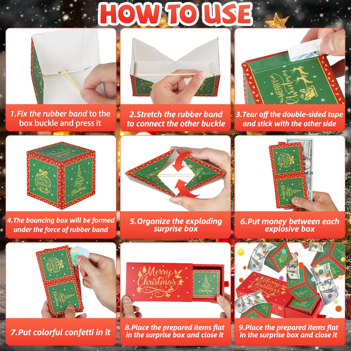 WenmthG Christmas Surprise Gift Box Explosion for Money – DIY Pop-Out Confetti Box (Red)