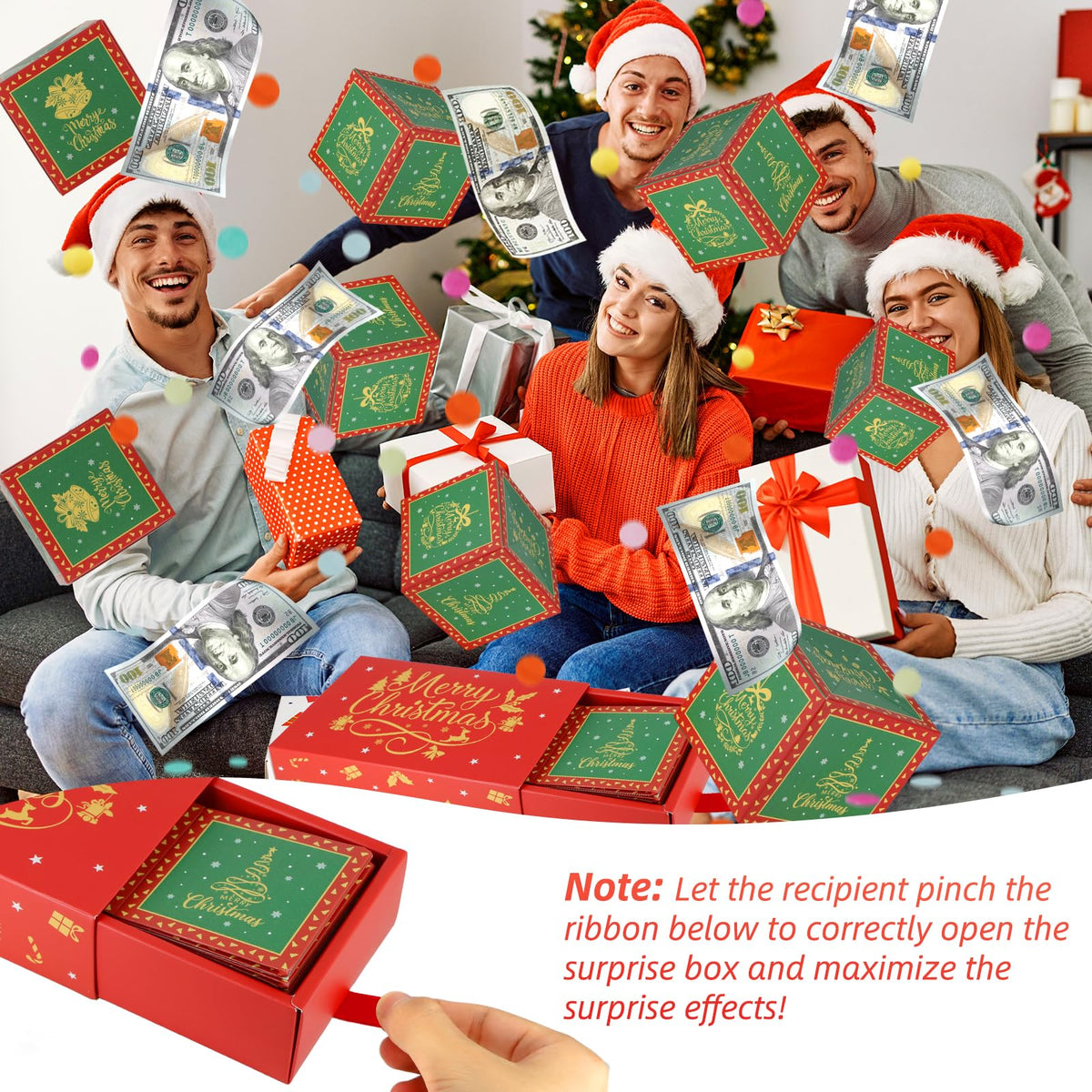 WenmthG Christmas Surprise Gift Box Explosion for Money – DIY Pop-Out Confetti Box (Red)