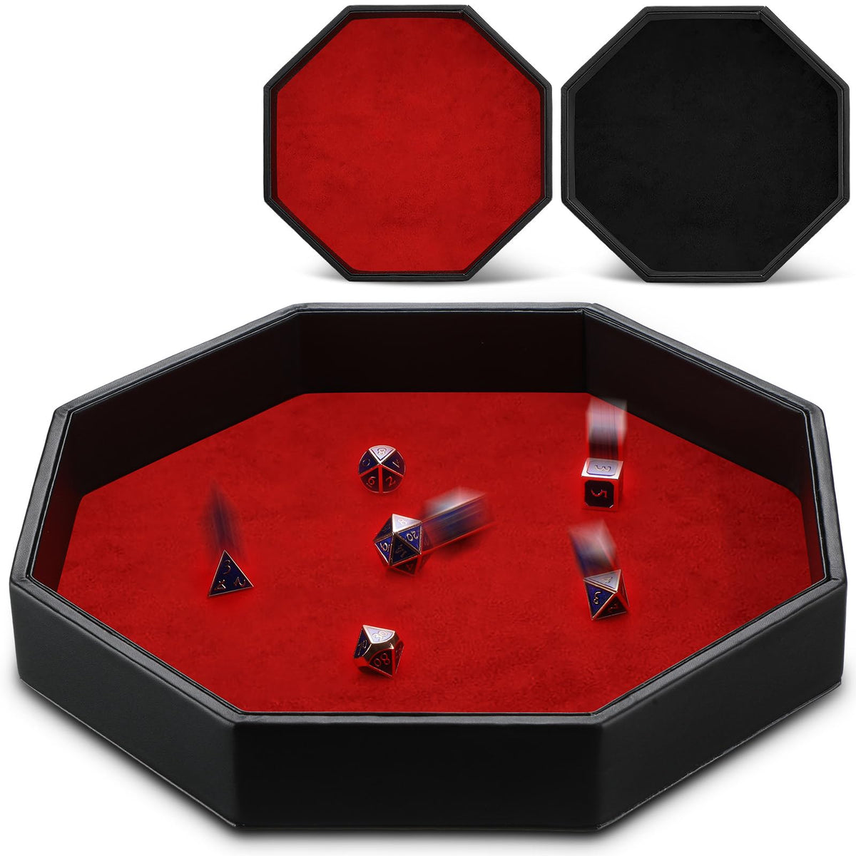 Wenqik 2-Pack Octagon Dice Tray – 11.5 Inch PU Leather Velvet Dice Mat (Black & Red)