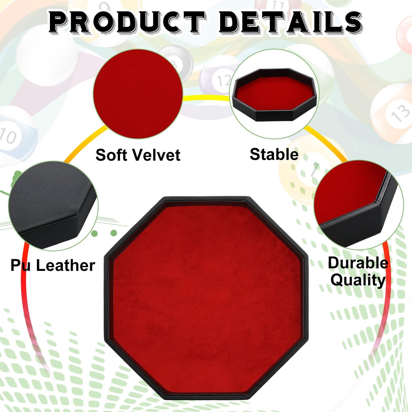 Wenqik 2-Pack Octagon Dice Tray – 11.5 Inch PU Leather Velvet Dice Mat (Black & Red)