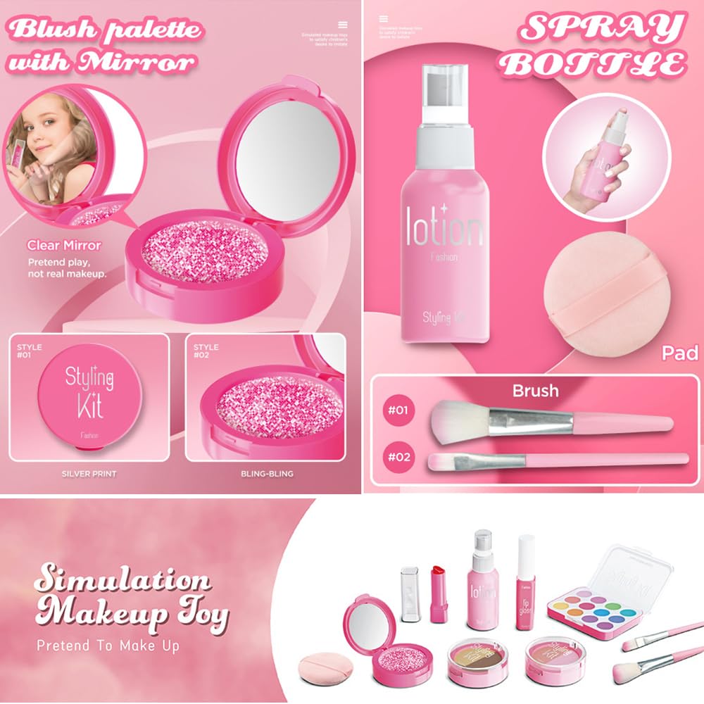 WenToyce Pretend Makeup Kit for Girls – 11-Piece Kids Cosmetic Play Set in Pink