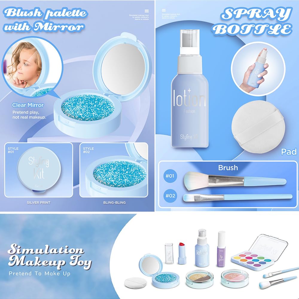 WenToyce Pretend Makeup Kit for Girls – 11-Piece Kids Cosmetic Play Set with Hand Bag (Blue)