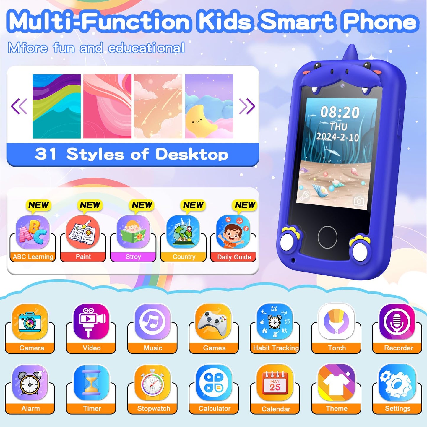 WEOLULI Kids Phone: Educational Smartphone Toy for 3-10 Year Olds – Camera, Games, Music
