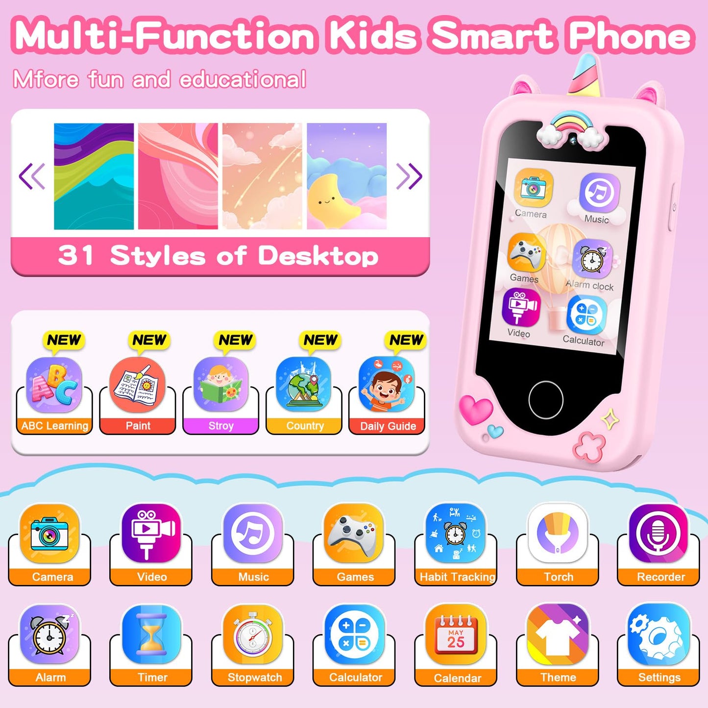 WEOLULI Kids Smart Phone with Dual Camera – Learn, Play & Music (Ages 3–10)