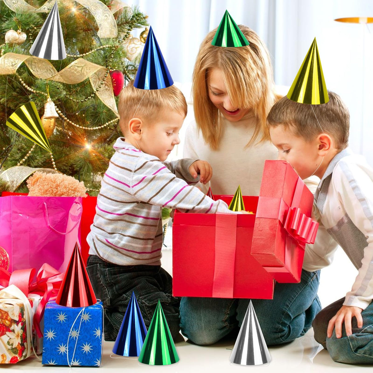 WEOXPR 40-Pack Colorful Metallic Birthday Hats for Kids & Adults (Red/Green/Gold/Silver/Blue)