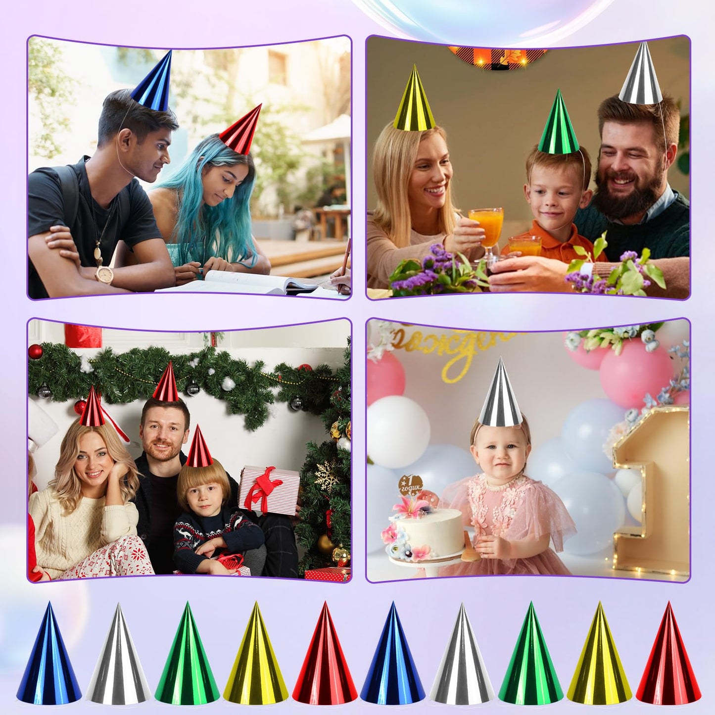 WEOXPR 40-Pack Colorful Metallic Birthday Hats for Kids & Adults (Red/Green/Gold/Silver/Blue)