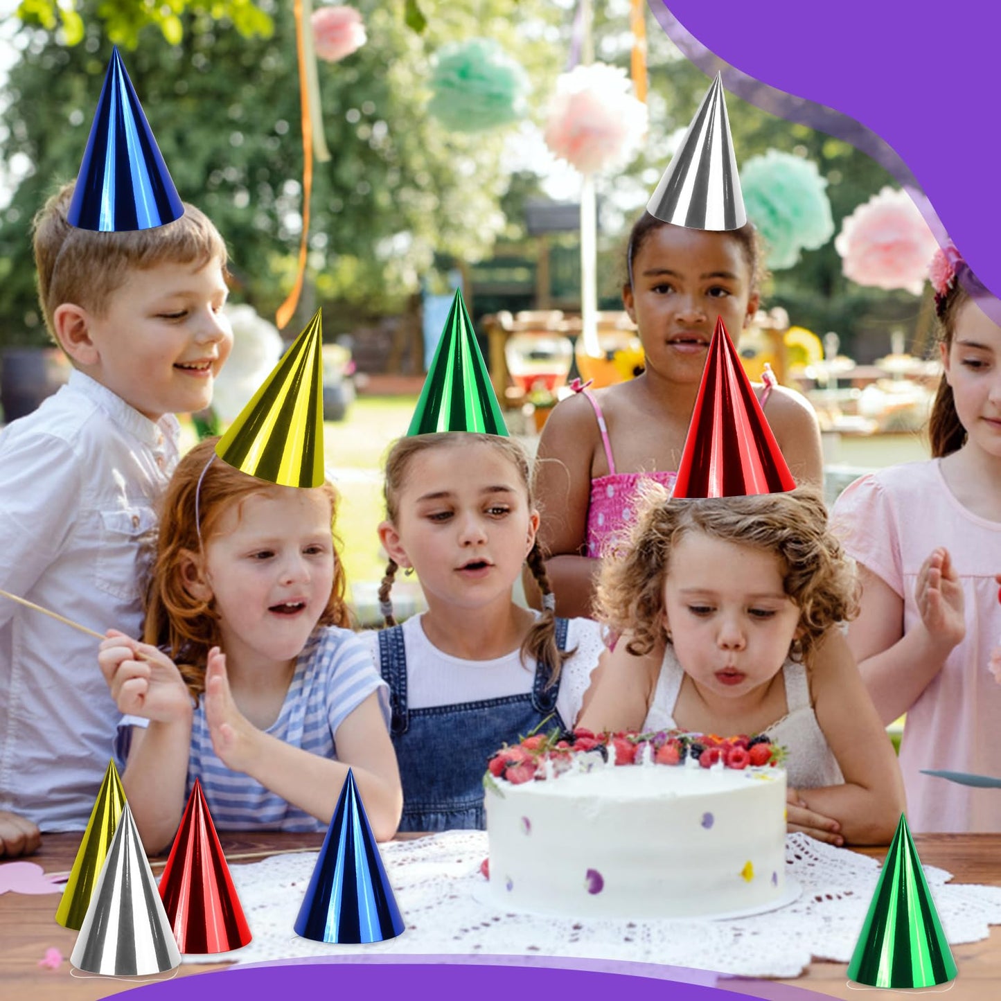 WEOXPR 40-Pack Colorful Metallic Birthday Hats for Kids & Adults (Red/Green/Gold/Silver/Blue)
