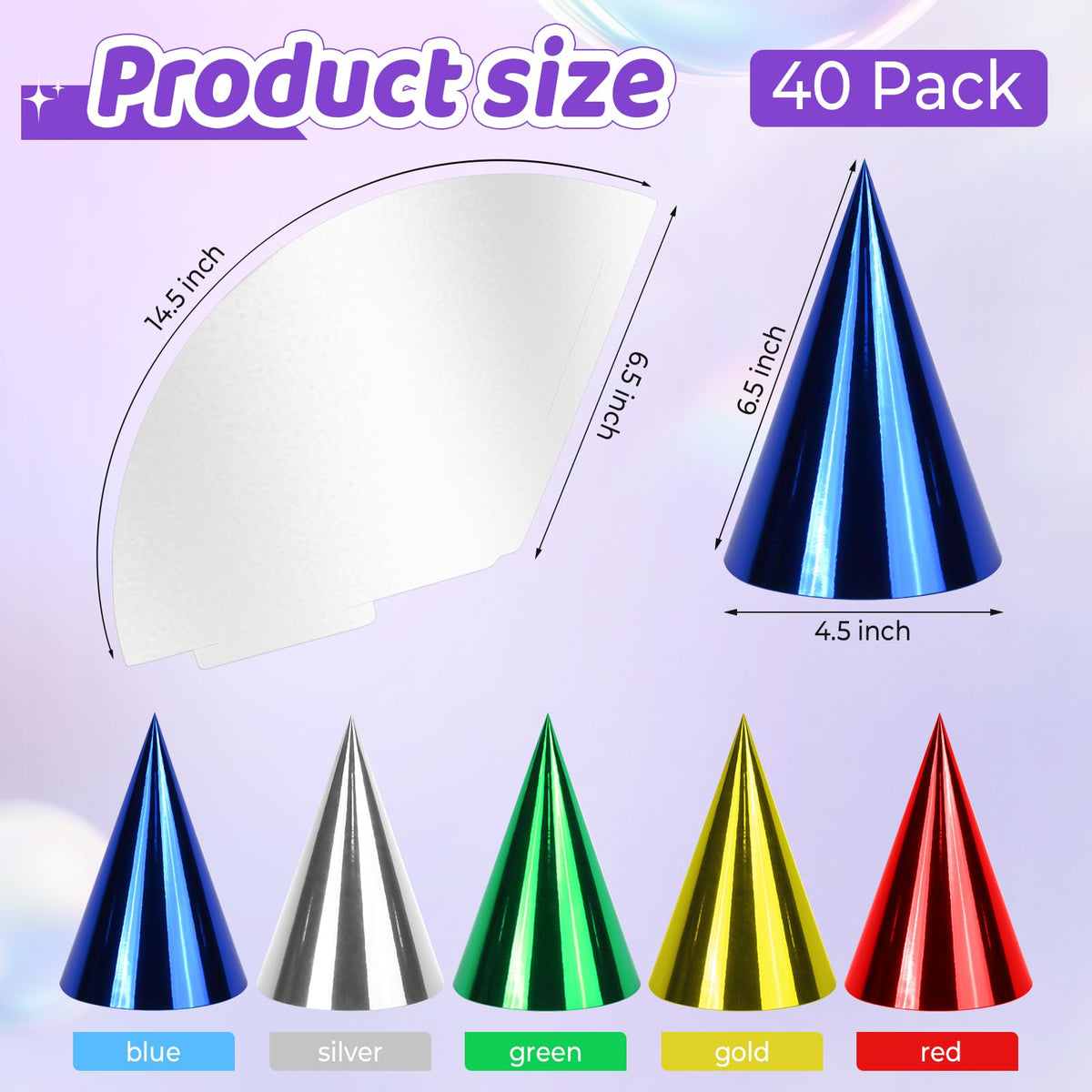WEOXPR 40-Pack Colorful Metallic Birthday Hats for Kids & Adults (Red/Green/Gold/Silver/Blue)