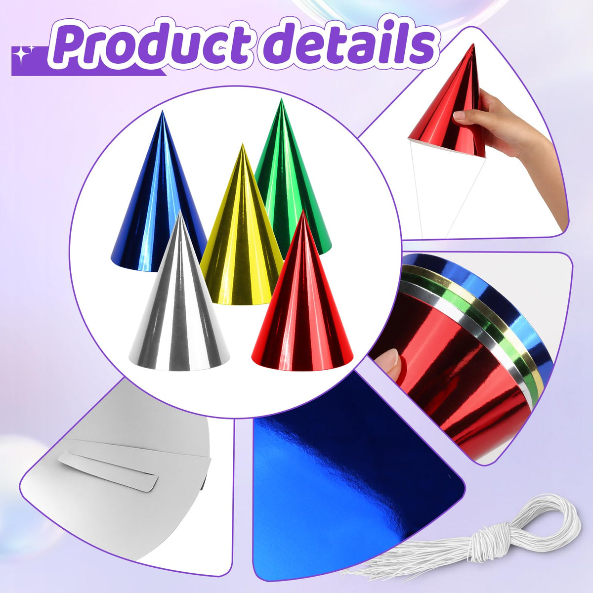 WEOXPR 40-Pack Colorful Metallic Birthday Hats for Kids & Adults (Red/Green/Gold/Silver/Blue)
