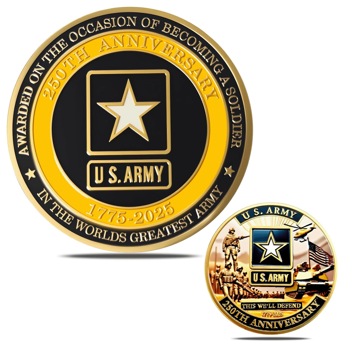 WEPBHXYS U.S. Army 250th Anniversary Challenge Coin – Gold-Plated 1.77-Inch Double-Sided Commemorative