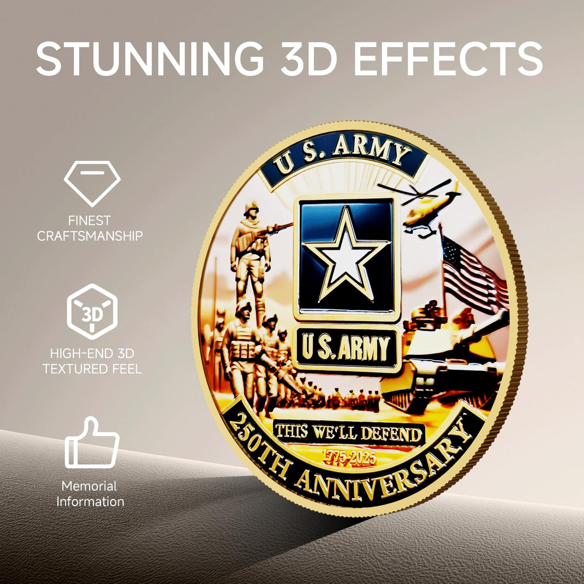 WEPBHXYS U.S. Army 250th Anniversary Challenge Coin – Gold-Plated 1.77-Inch Double-Sided Commemorative