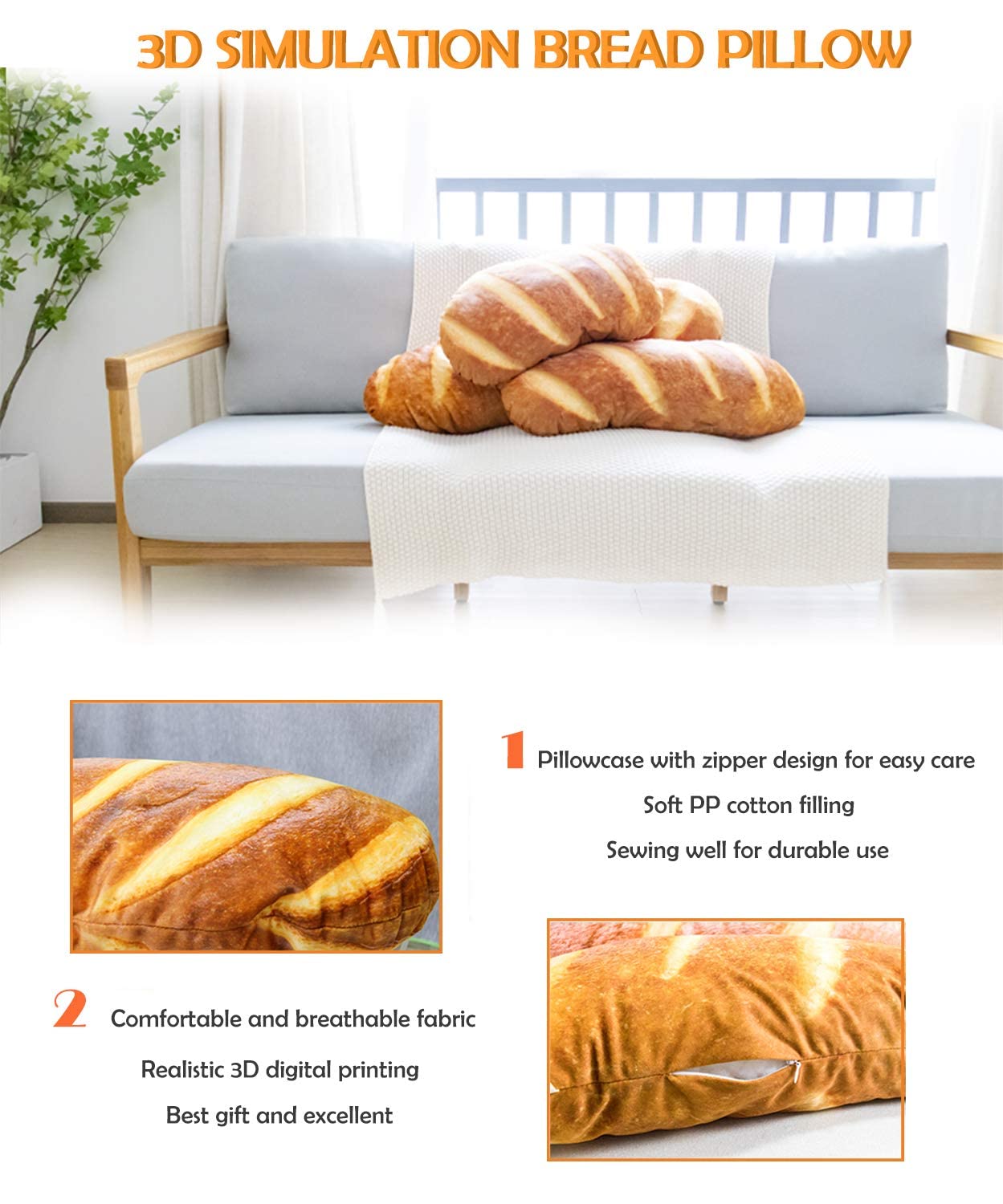 Wepop 32-In 3D Bread Shape Pillow – Soft Lumbar Back Cushion, Funny Food Plush