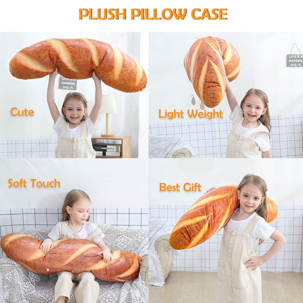 Wepop 32-In 3D Bread Shape Pillow – Soft Lumbar Back Cushion, Funny Food Plush