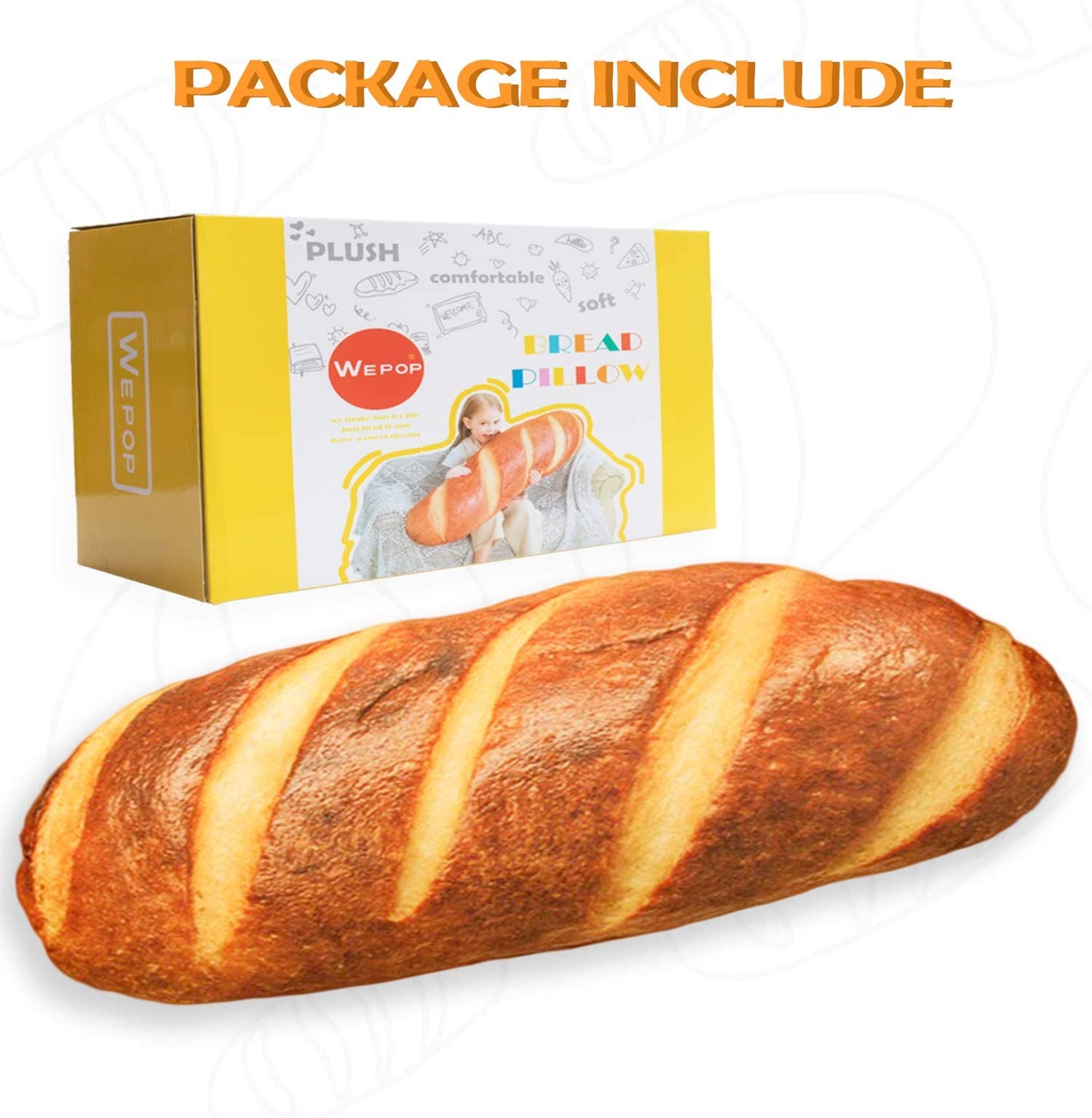 Wepop 32-In 3D Bread Shape Pillow – Soft Lumbar Back Cushion, Funny Food Plush