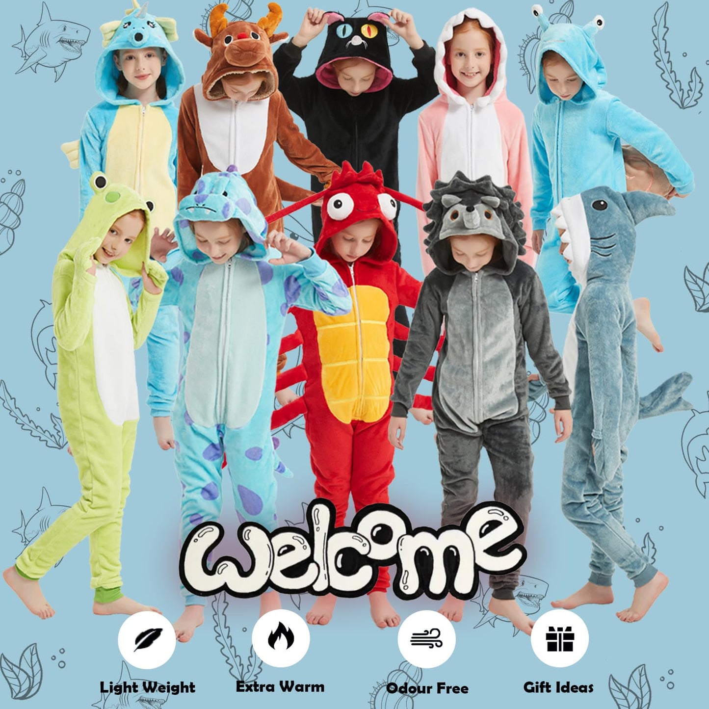 WEQJC Kids Flannel Animal Onesie Costume - Blue Shark (8 Years) | Unisex Dress-Up
