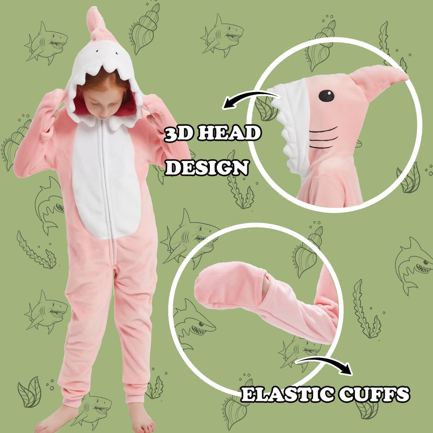 WEQJC Kids Flannel Animal Onesie Costume - Pink Shark, 10 Years | Halloween & Dress-Up