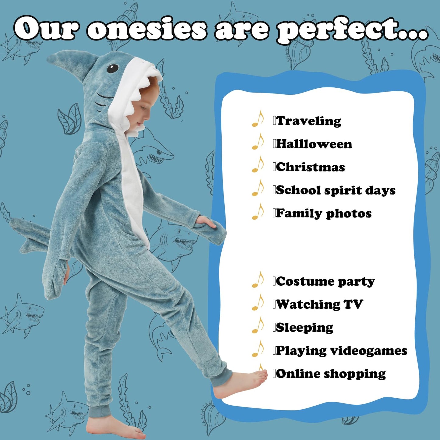 WEQJC Kids Flannel Animal Onesie Costume - Blue Shark (8 Years) | Unisex Dress-Up