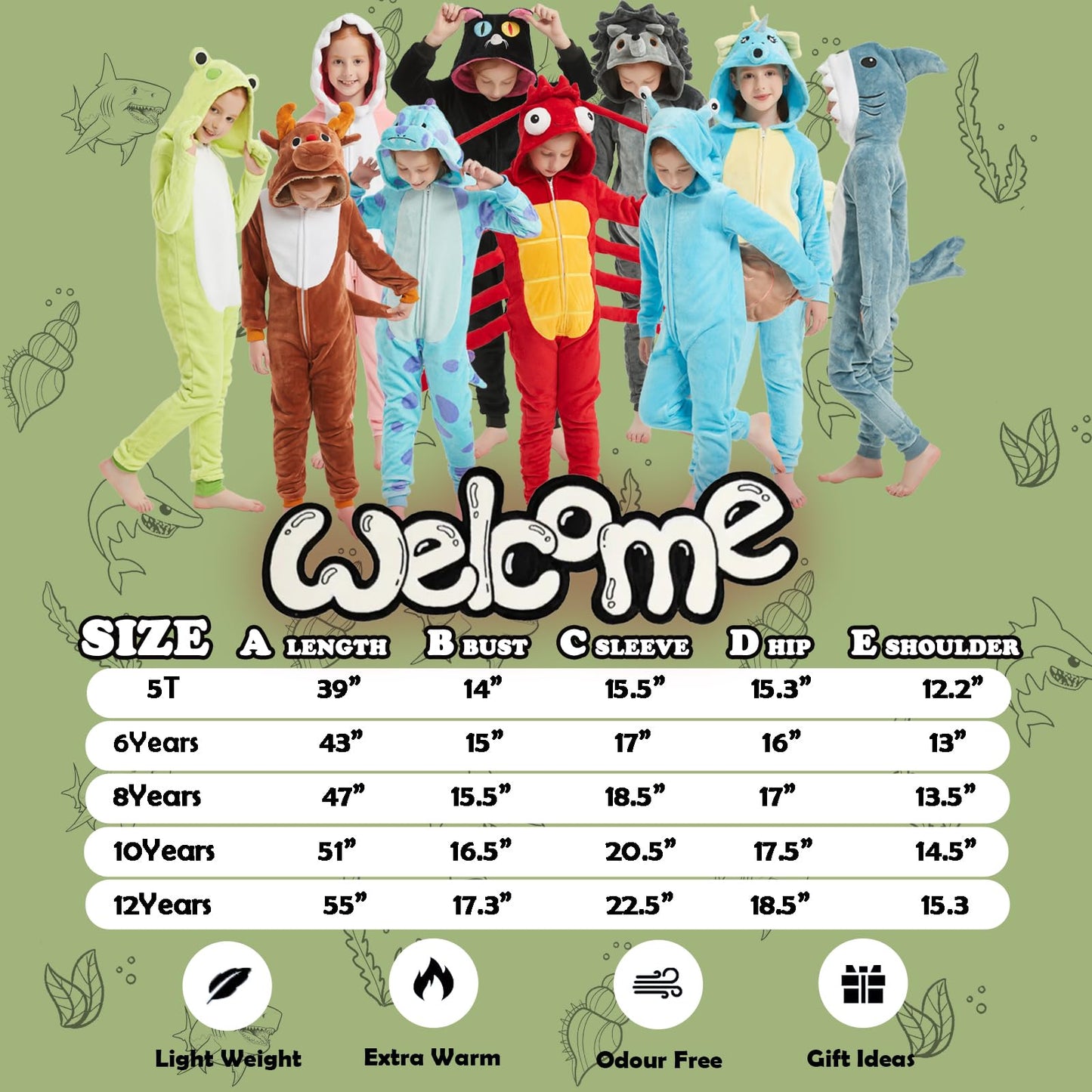 WEQJC Kids Flannel Animal Onesie Costume - Pink Shark, 10 Years | Halloween & Dress-Up