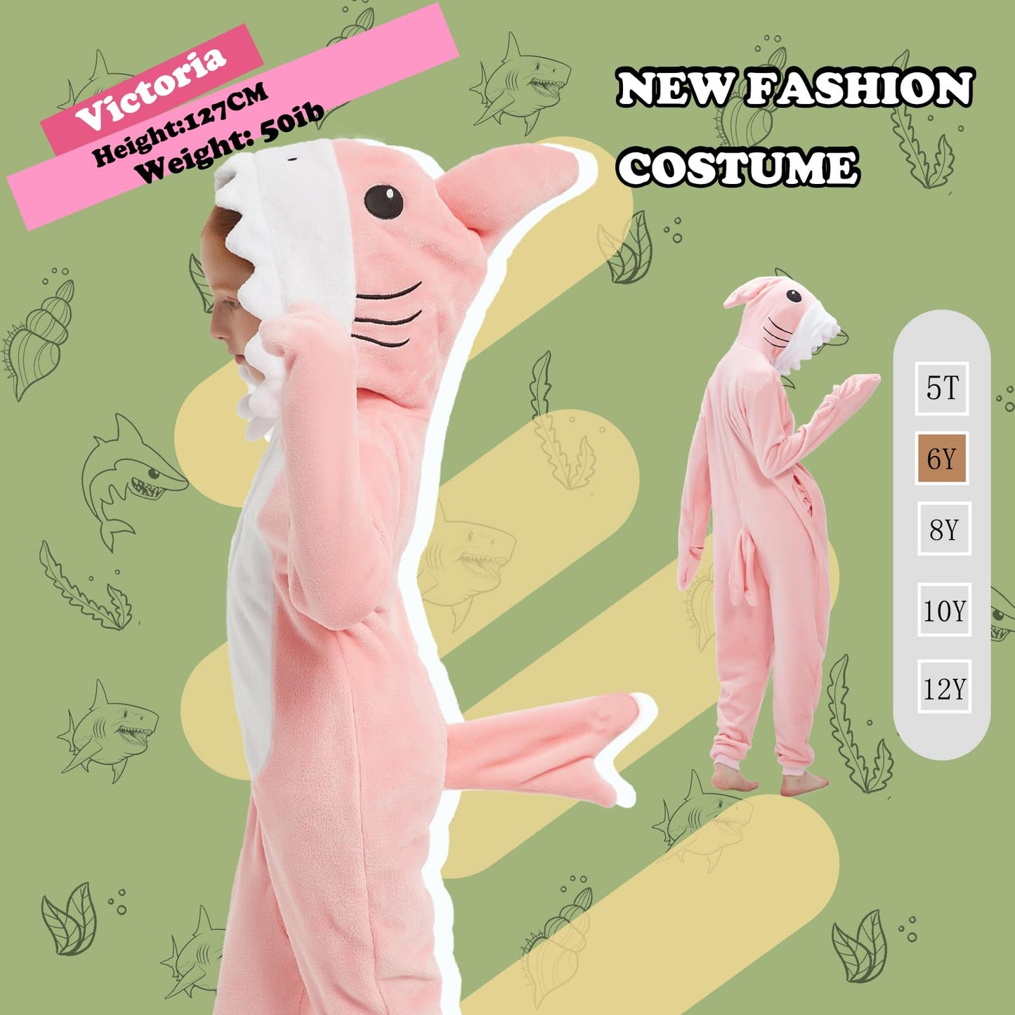 WEQJC Kids Flannel Animal Onesie Costume - Pink Shark, 10 Years | Halloween & Dress-Up
