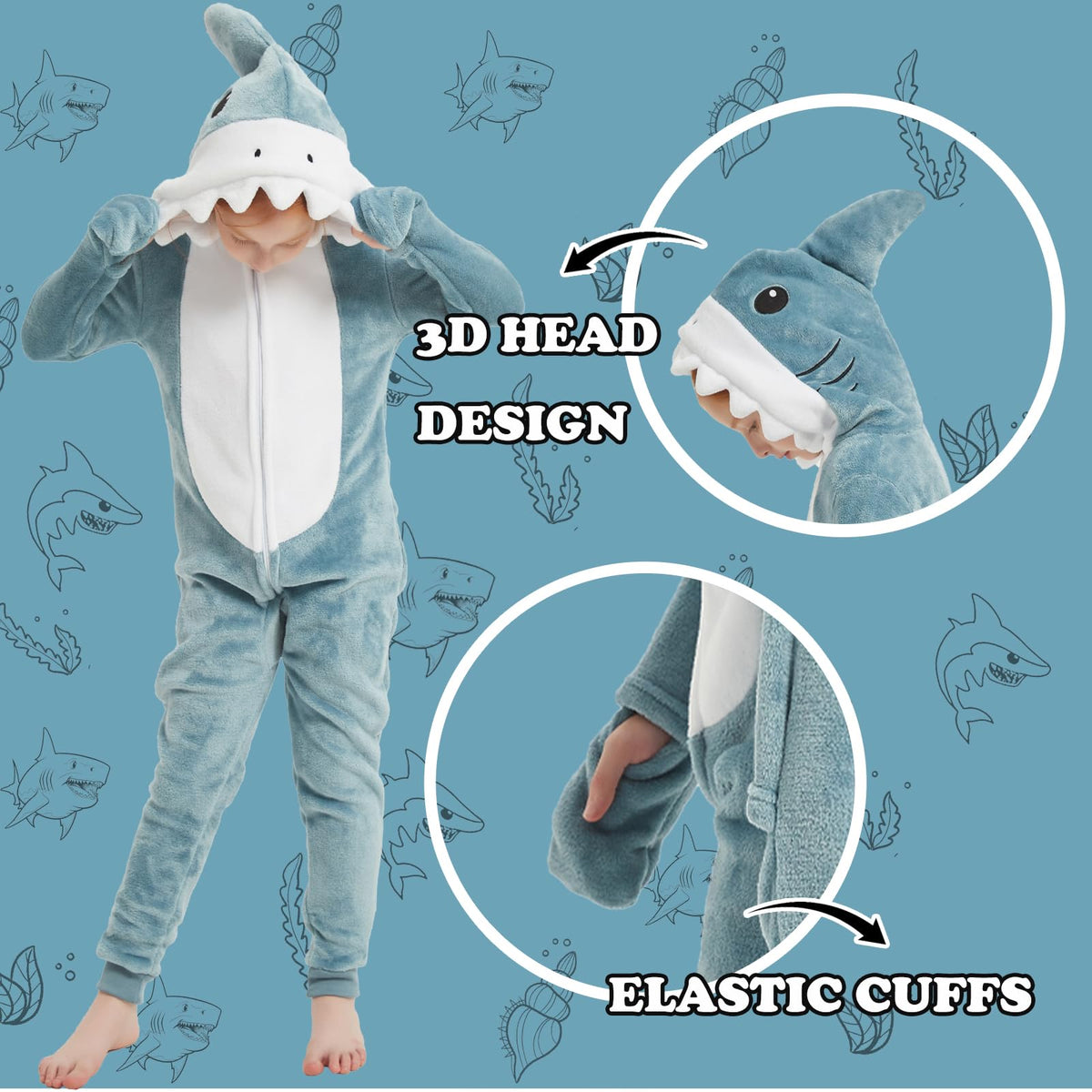 WEQJC Kids Flannel Animal Onesie Costume - Blue Shark (12 Years) | Cozy Dress-Up for Halloween & Christmas