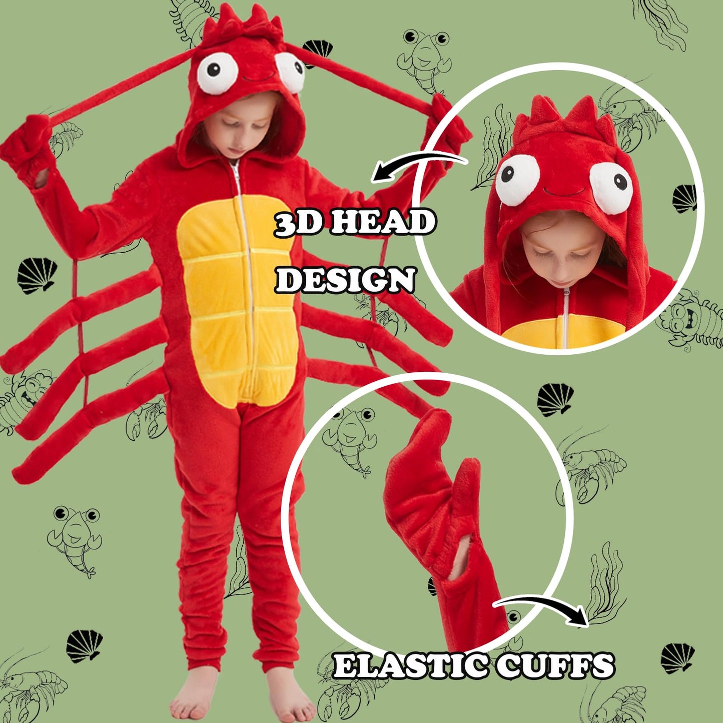 WEQJC Kids Flannel Animal Onesie Costume – Red Lobster, Size 6 Years, Unisex Dress-Up