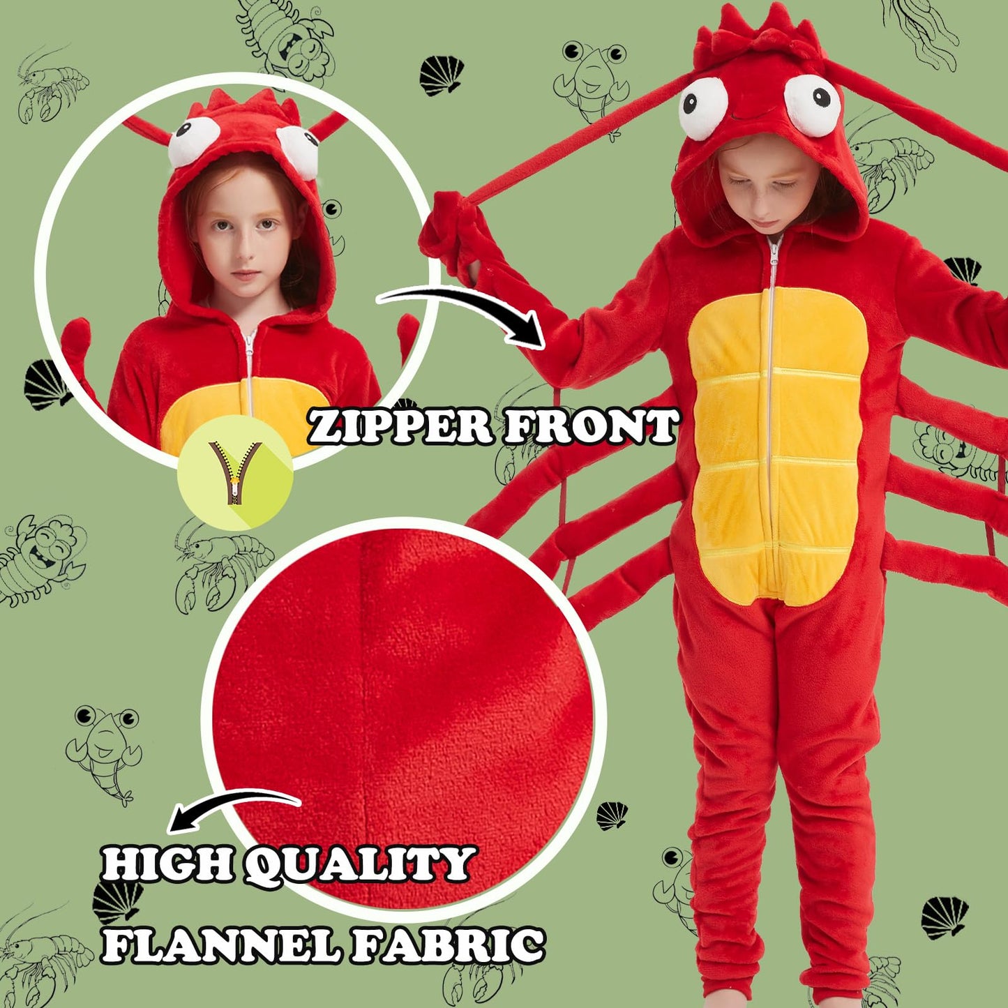 WEQJC Kids Flannel Animal Onesie Costume – Red Lobster, Size 6 Years, Unisex Dress-Up