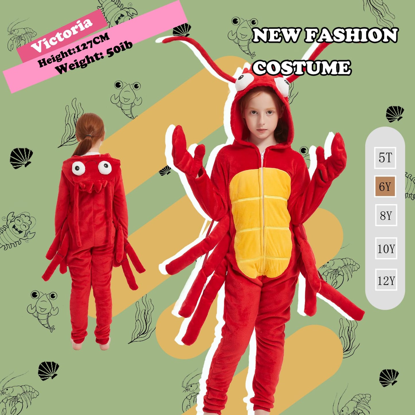 WEQJC Kids Flannel Animal Onesie Costume – Red Lobster, Size 6 Years, Unisex Dress-Up