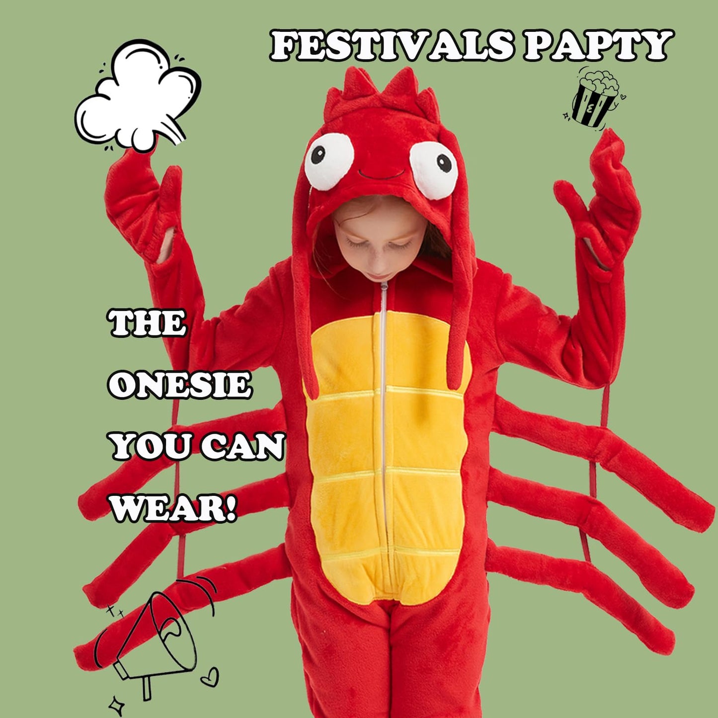 WEQJC Kids Flannel Animal Onesie Costume – Red Lobster, Size 6 Years, Unisex Dress-Up
