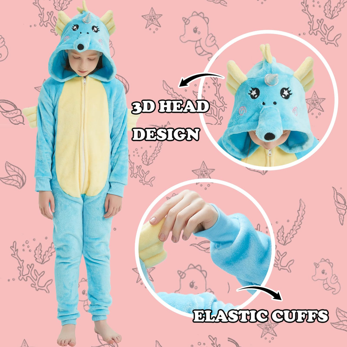 WEQJC Kids Flannel Animal Onesie Costume – Blue Seahorse, 5T | Cozy Dress-Up & Halloween