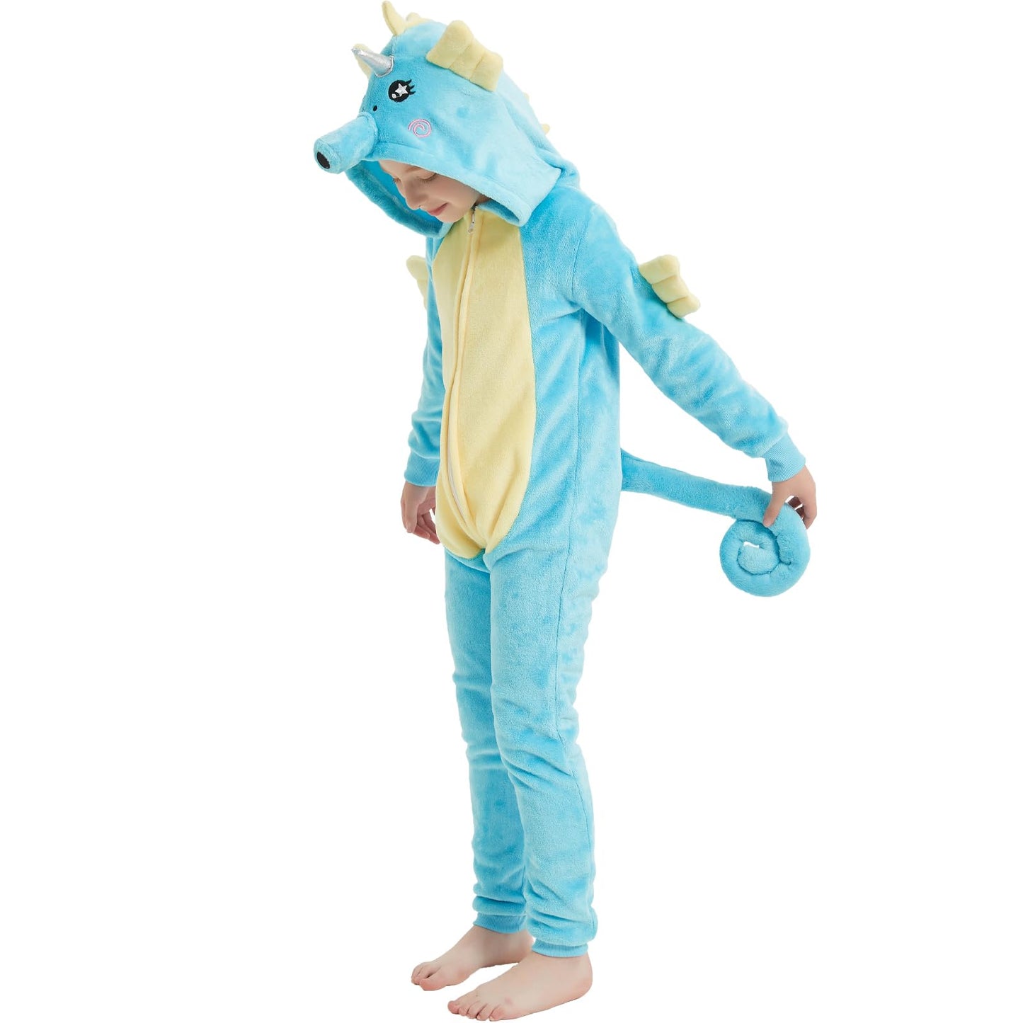 WEQJC Kids Flannel Animal Onesie Costume – Blue Seahorse, 5T | Cozy Dress-Up & Halloween