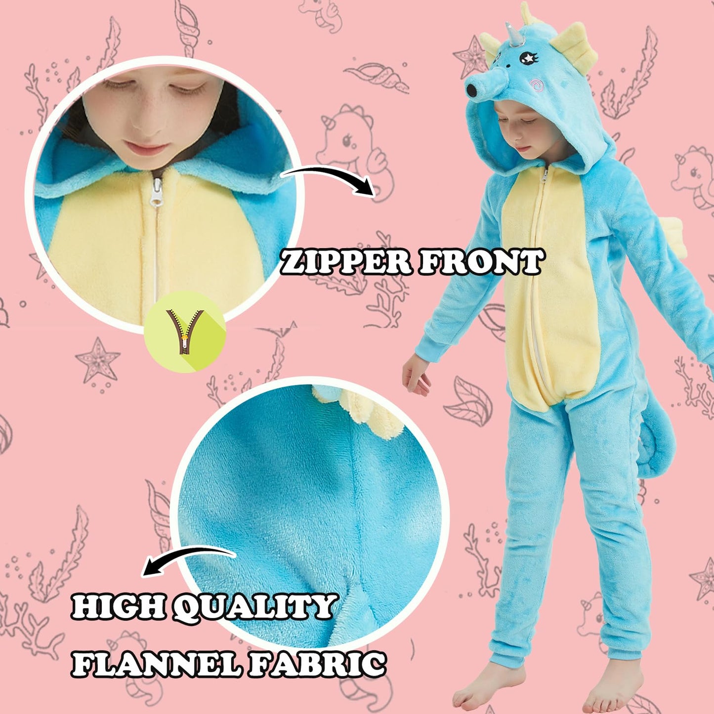 WEQJC Kids Flannel Animal Onesie Costume – Blue Seahorse, 5T | Cozy Dress-Up & Halloween