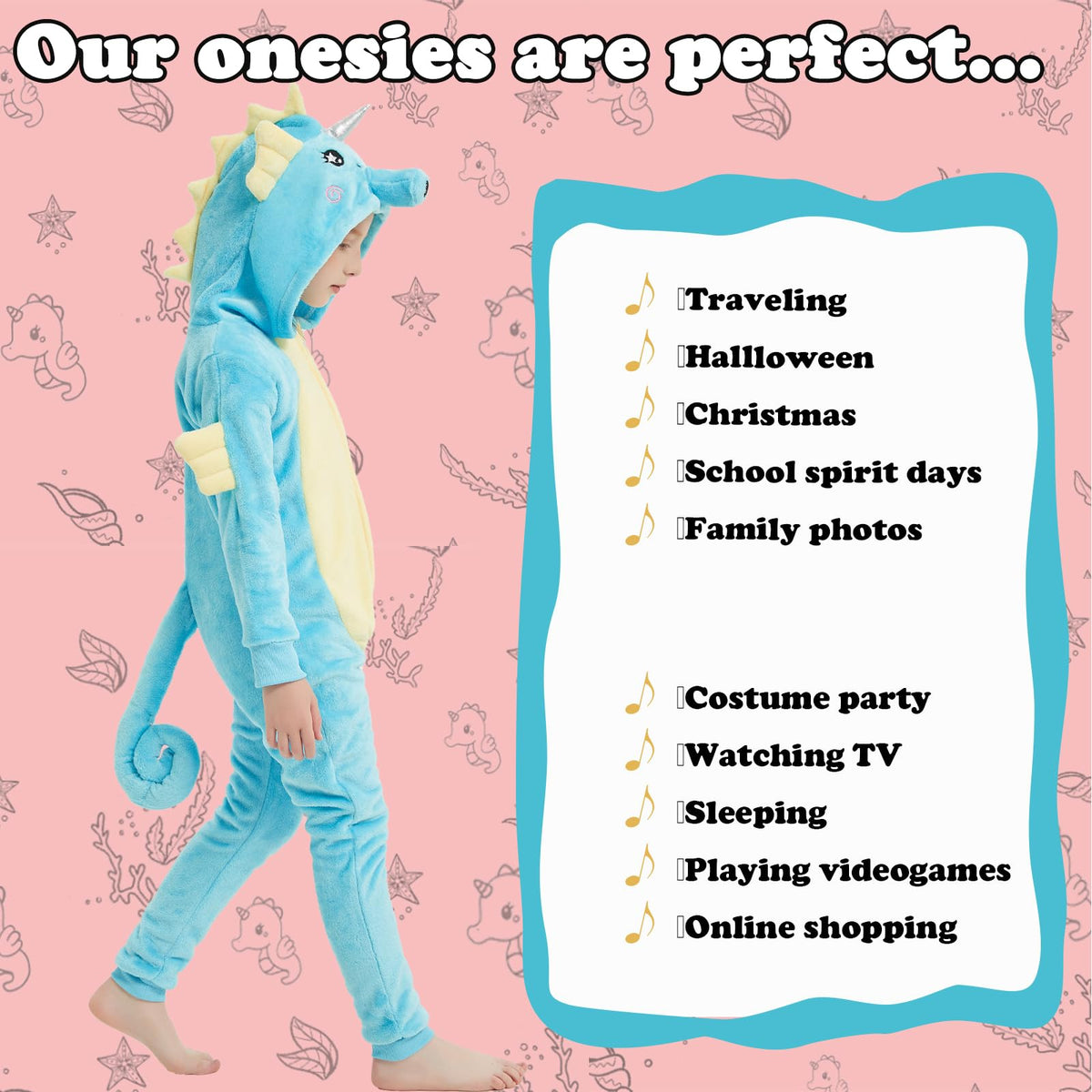WEQJC Kids Flannel Animal Onesie Costume – Blue Seahorse, 5T | Cozy Dress-Up & Halloween