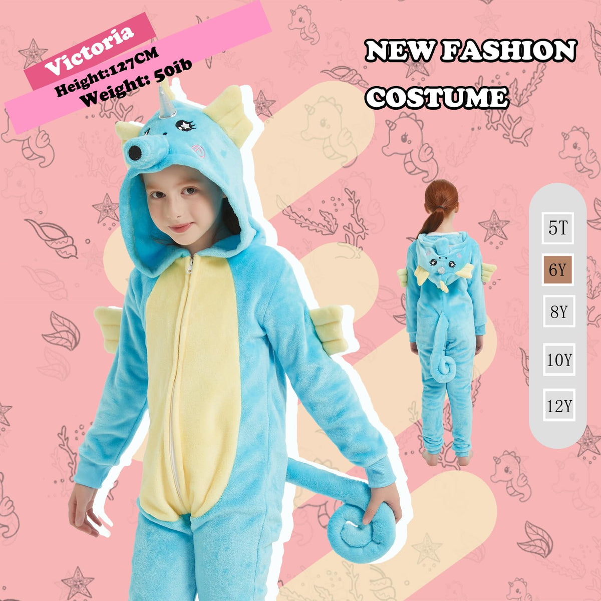 WEQJC Kids Flannel Animal Onesie Costume – Blue Seahorse, 5T | Cozy Dress-Up & Halloween