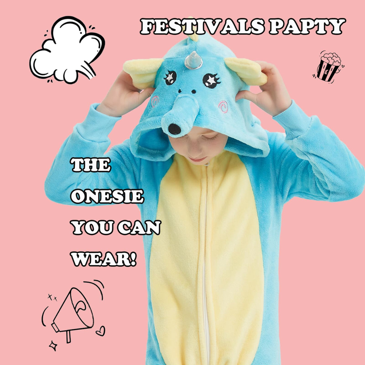 WEQJC Kids Flannel Animal Onesie Costume – Blue Seahorse, 5T | Cozy Dress-Up & Halloween