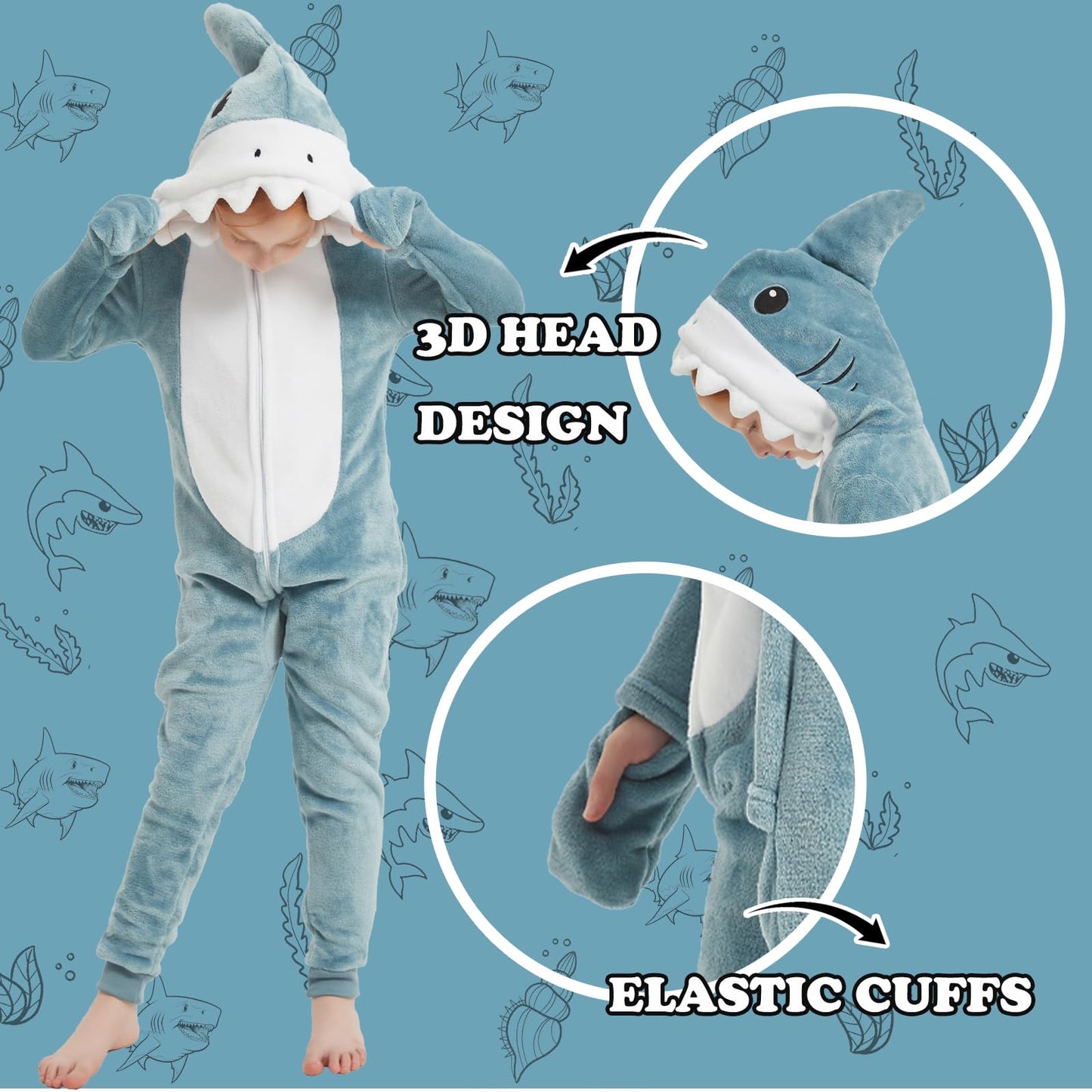 WEQJC Kids Flannel Animal Onesie Costume - Blue Shark (8 Years) | Unisex Dress-Up