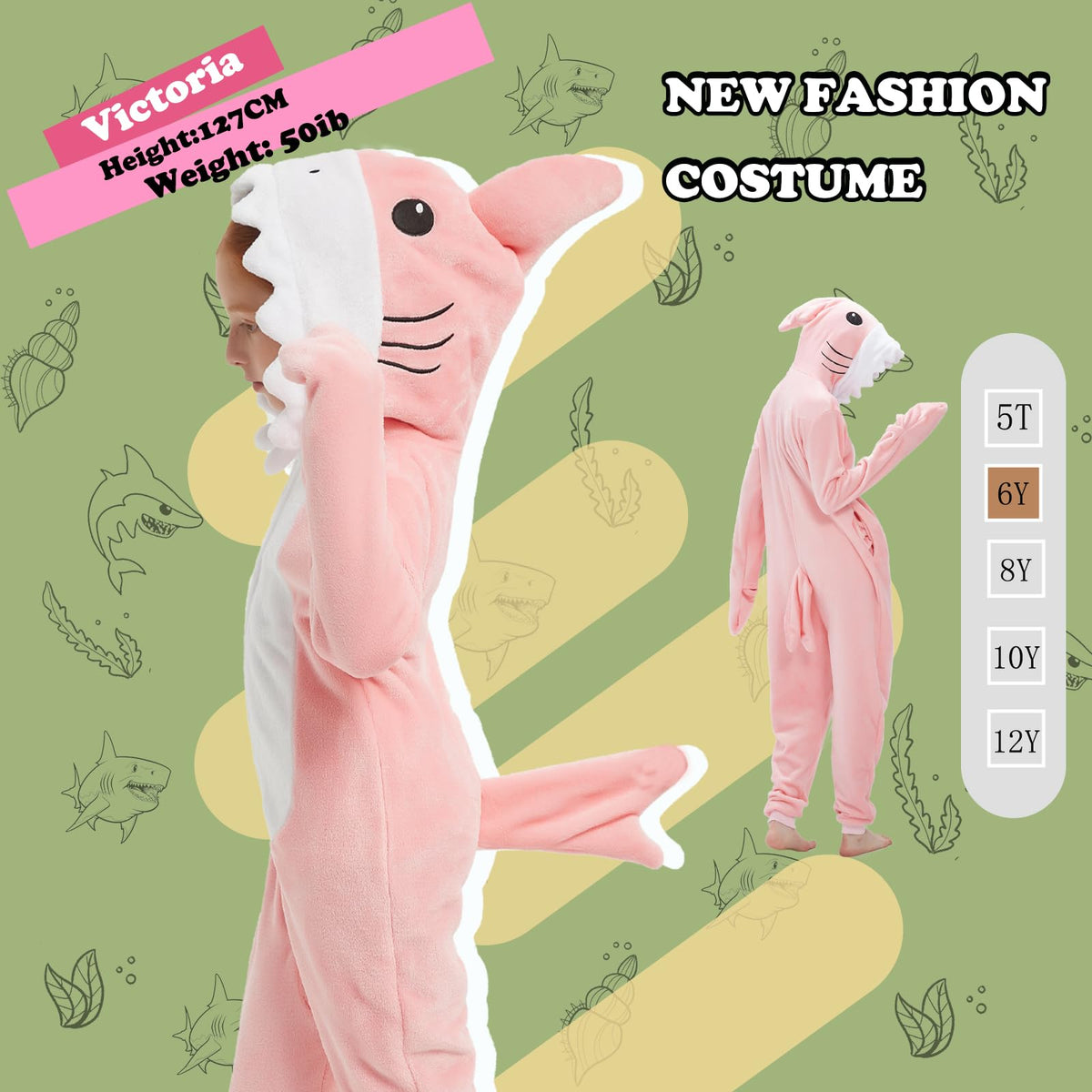 WEQJC Kids Flannel Animal Onesie Costume – Pink Shark for Halloween, Christmas & Dress-Up (12 Years)