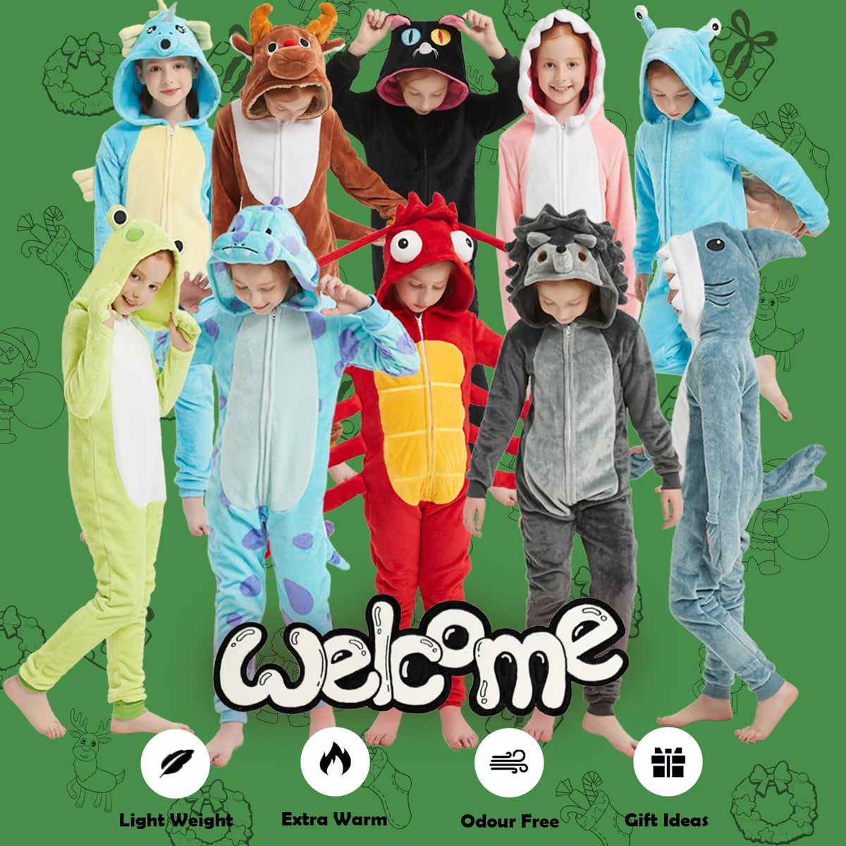 WEQJC Kids Flannel Reindeer Onesie Costume – Cozy Dress-Up for Halloween & Christmas (Coffee Reindeer, 10 Years)