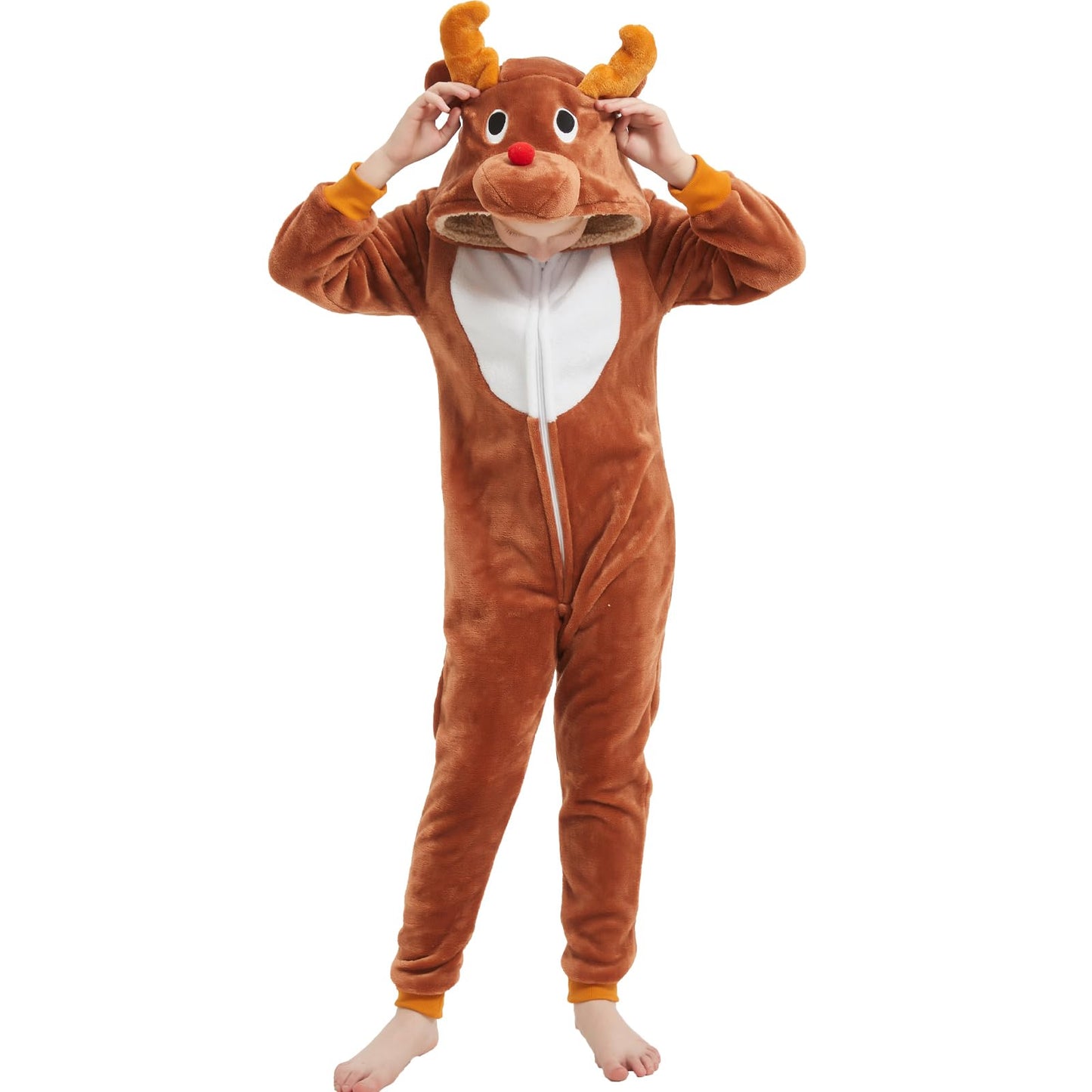 WEQJC Kids Flannel Reindeer Onesie Costume – Cozy Dress-Up for Halloween & Christmas (Coffee Reindeer, 10 Years)