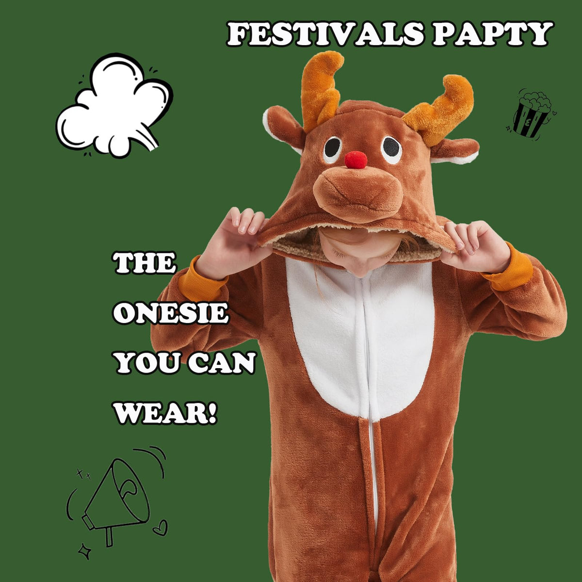 WEQJC Kids Flannel Reindeer Onesie Costume – Cozy Halloween & Christmas Dress-Up