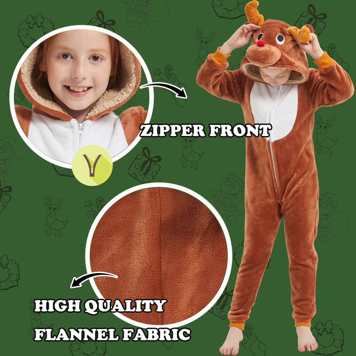 WEQJC Kids Flannel Reindeer Onesie Costume – Cozy Dress-Up for Halloween & Christmas (Coffee Reindeer, 10 Years)