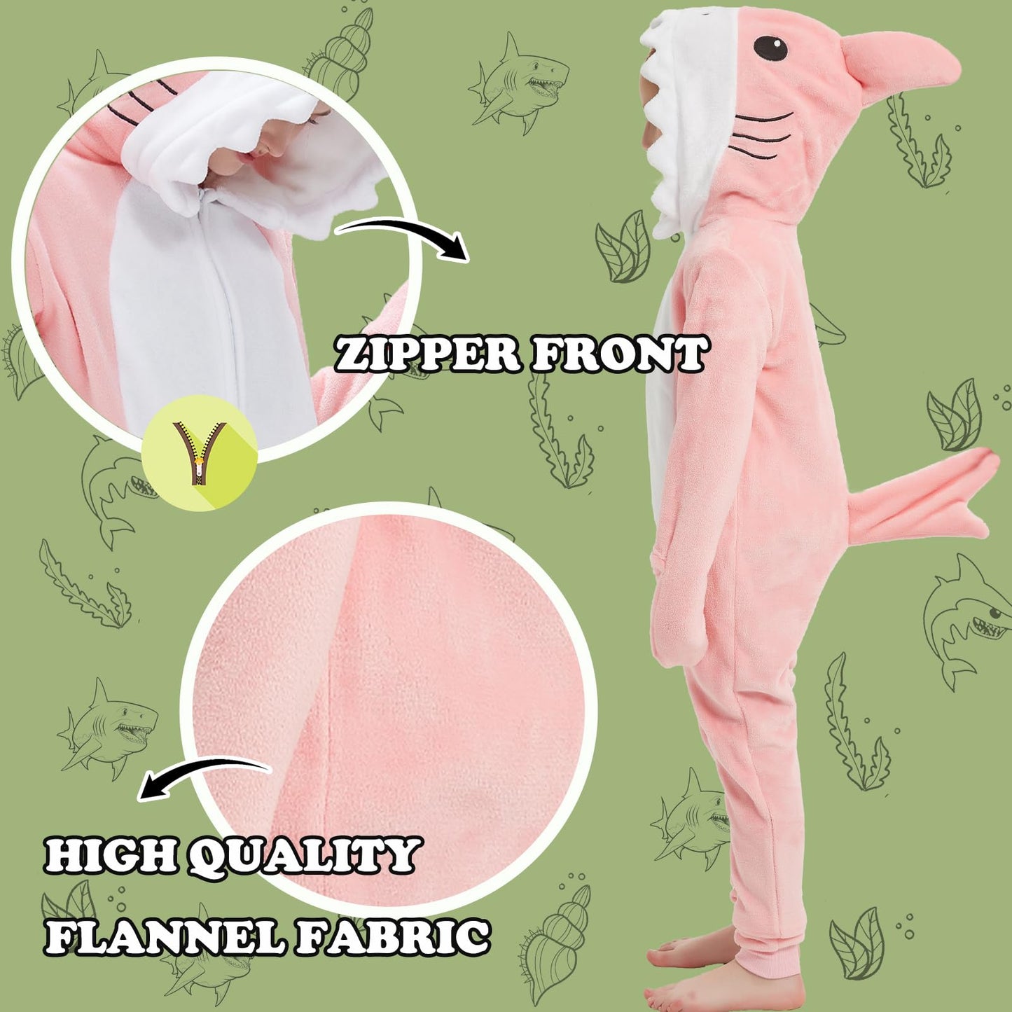 WEQJC Kids Flannel Animal Onesie Costume - Pink Shark, 10 Years | Halloween & Dress-Up