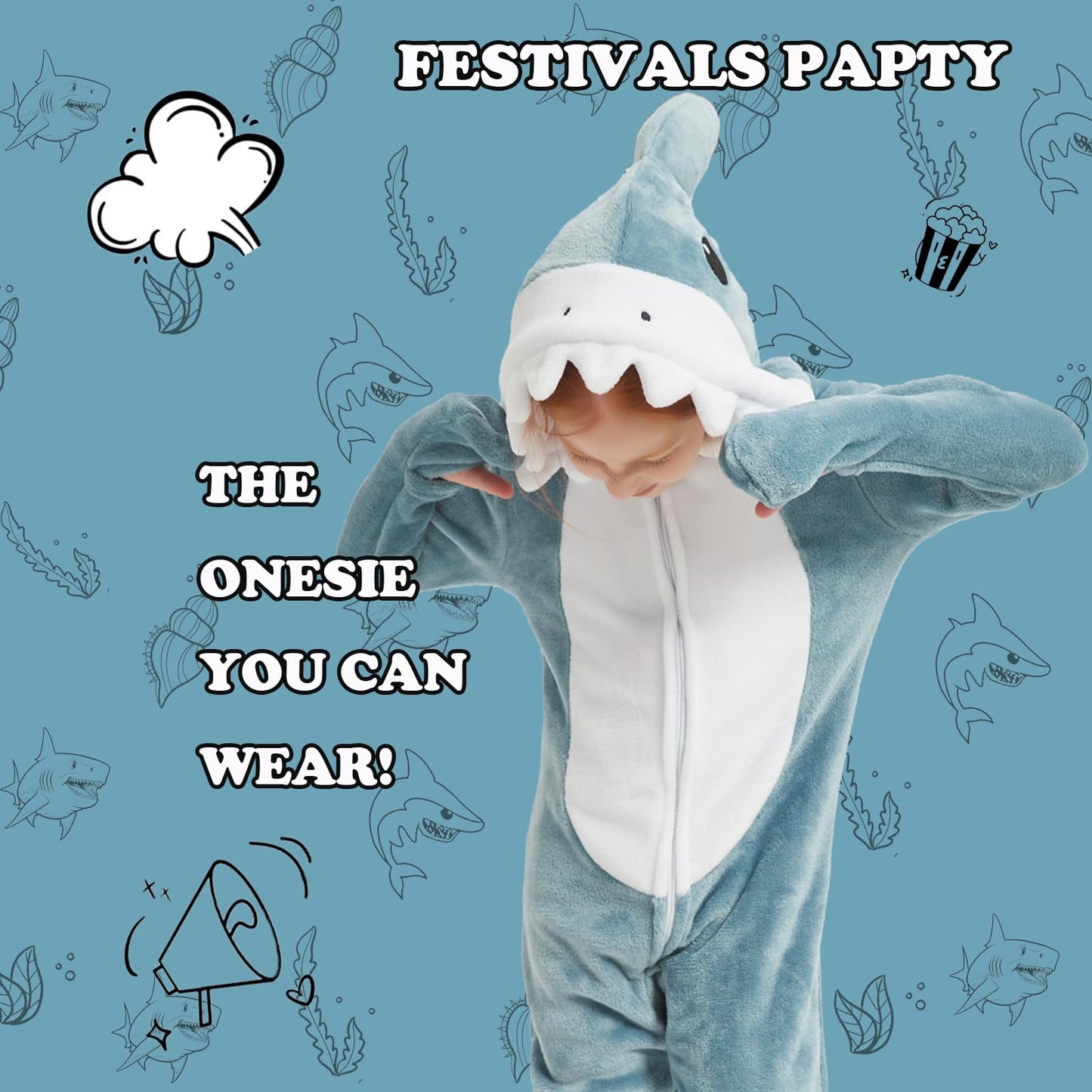 WEQJC Kids Flannel Animal Onesie Costume - Blue Shark (8 Years) | Unisex Dress-Up