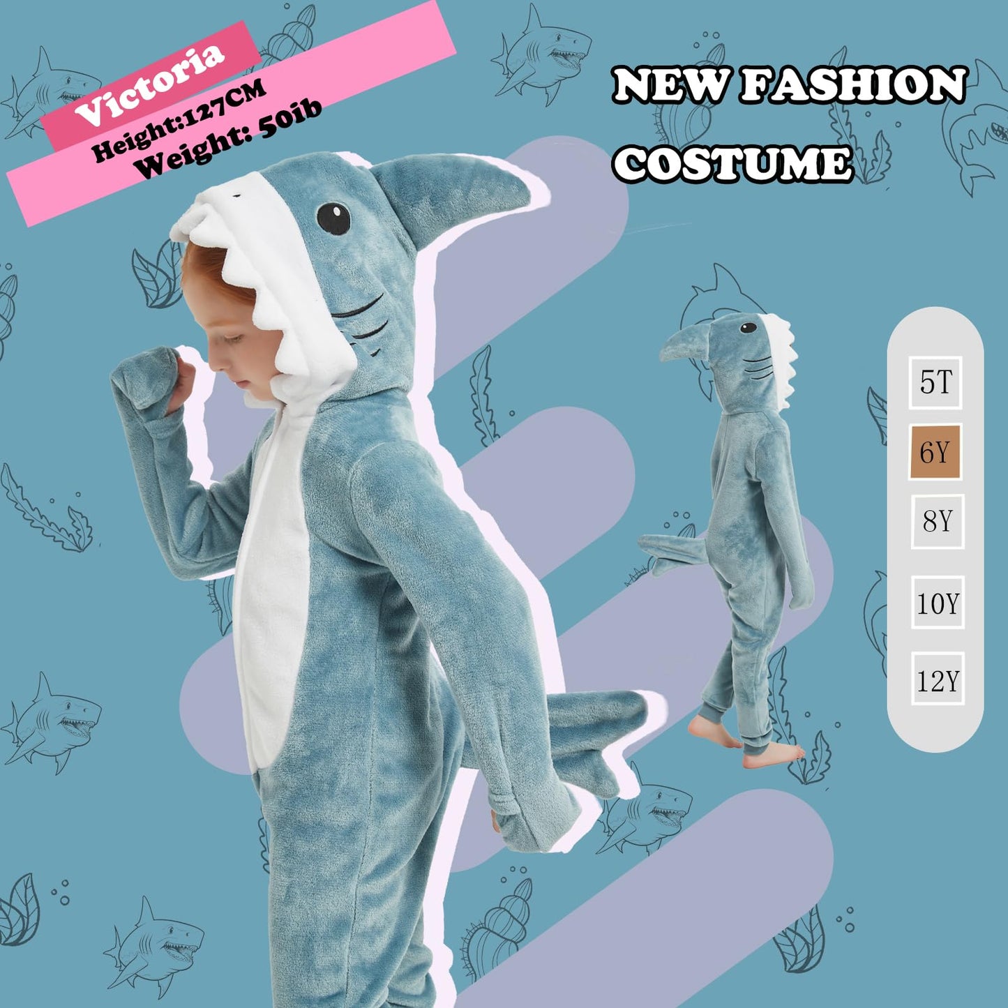 WEQJC Kids Flannel Animal Onesie Costume - Blue Shark (8 Years) | Unisex Dress-Up
