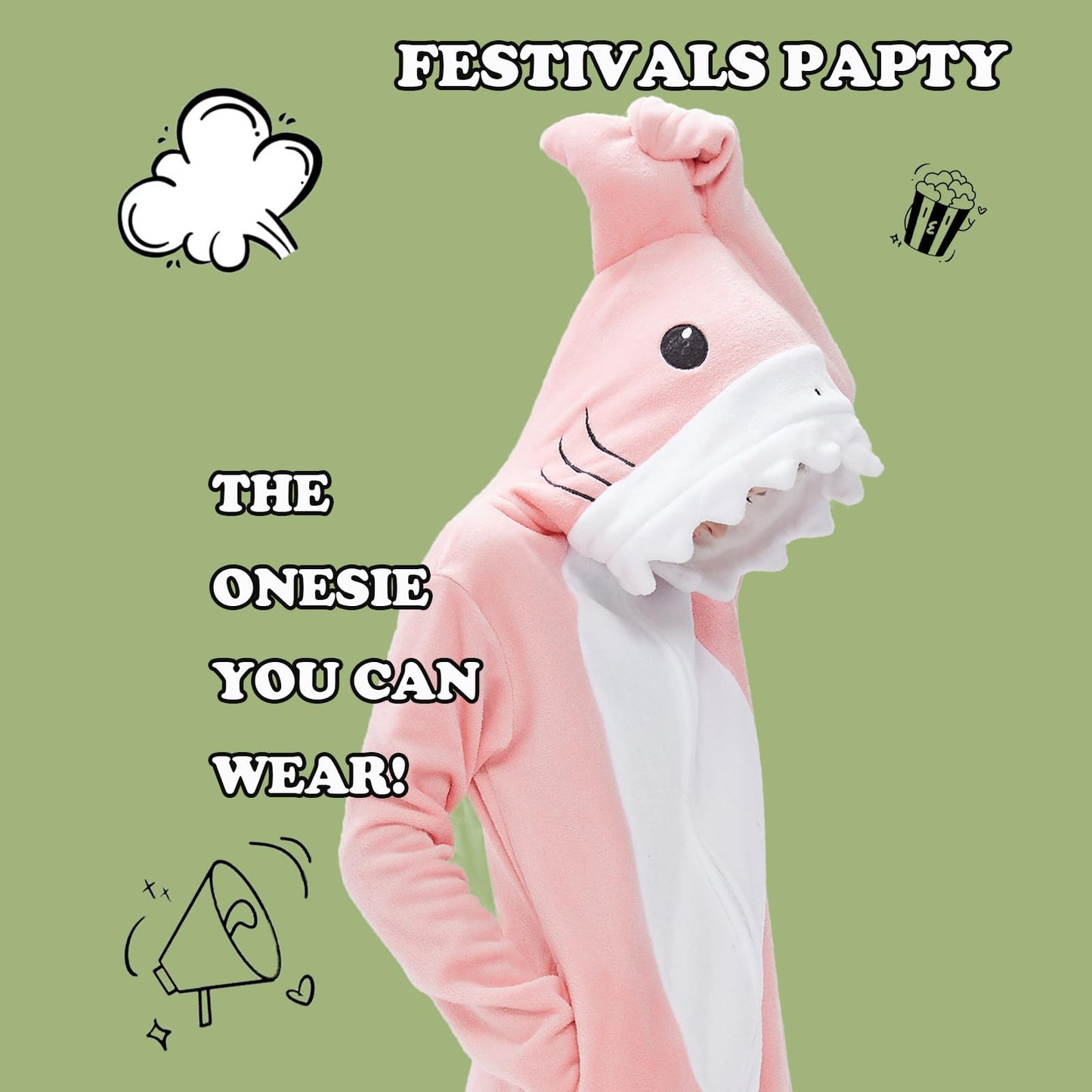 WEQJC Kids Flannel Animal Onesie Costume - Pink Shark, 10 Years | Halloween & Dress-Up