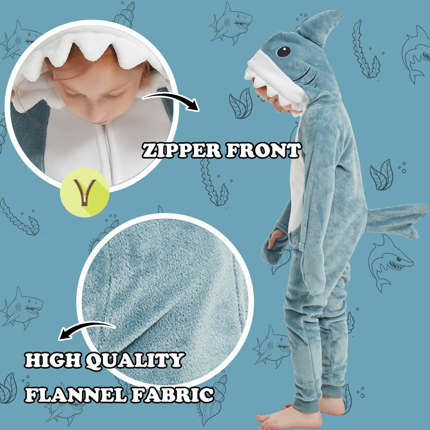 WEQJC Kids Flannel Animal Onesie Costume - Blue Shark (8 Years) | Unisex Dress-Up