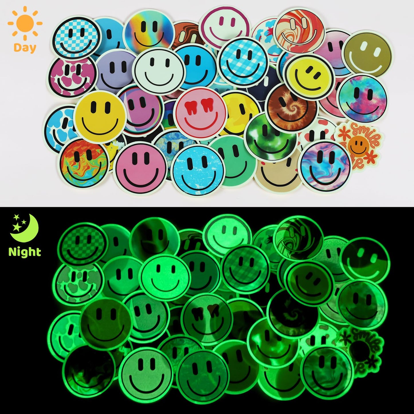 Wercokt 50PCS Glow-in-the-Dark Smile Stickers for Kids – Water Bottles, Notebooks & Luggage