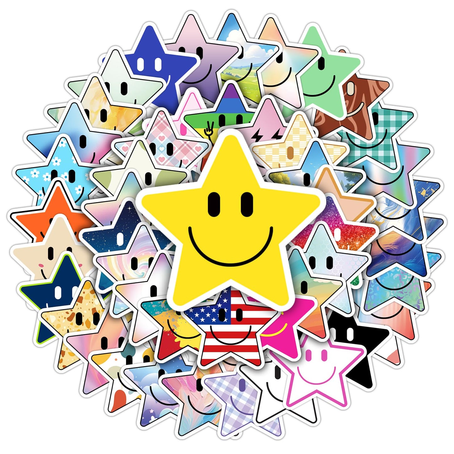 Wercokt 50Pcs Smiling Star Stickers – Cute PVC Water Bottle & School Stickers for Kids