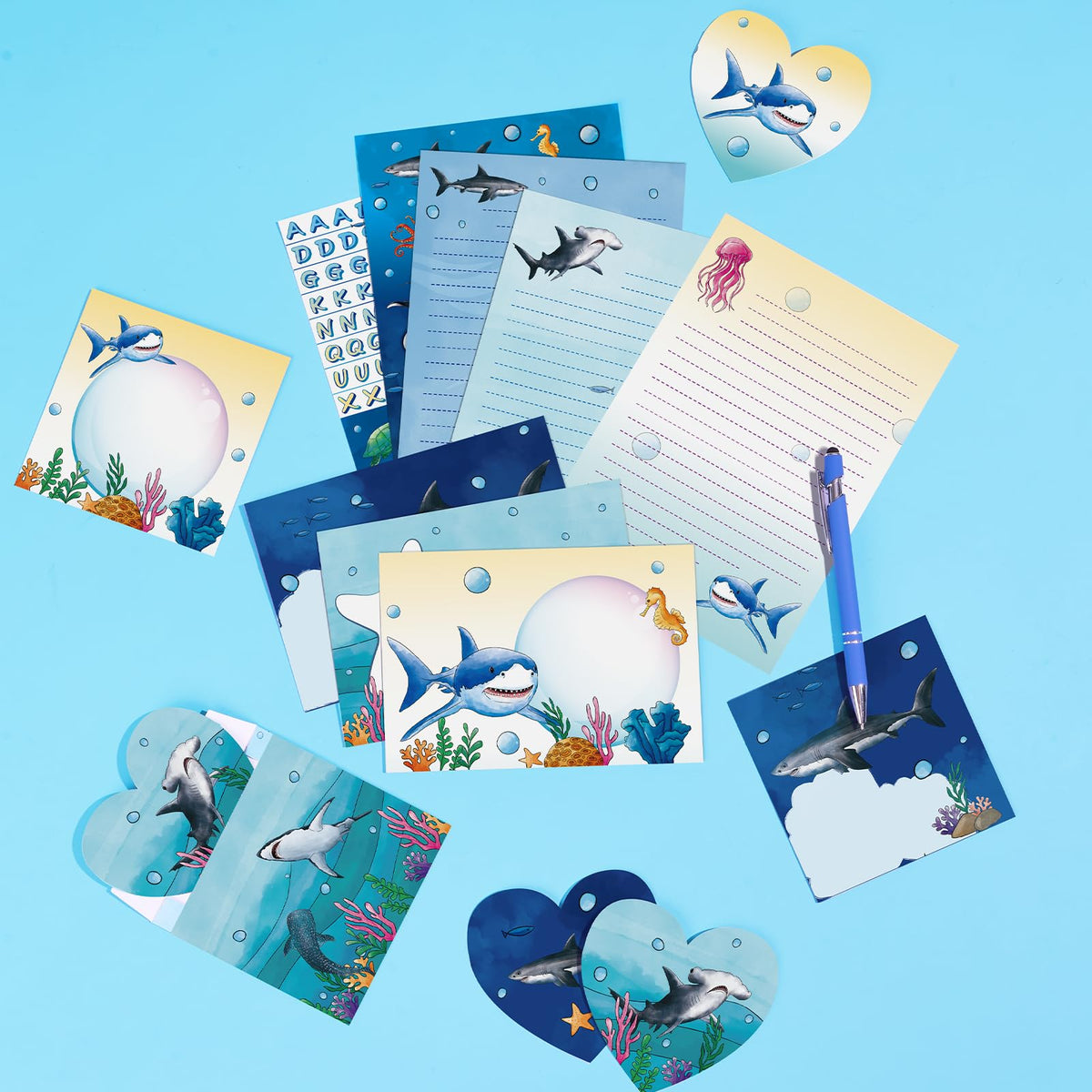 WERNNSAI 69 PCS Shark Kids Stationery Set – Letters, Envelopes, Greeting Cards & Pen