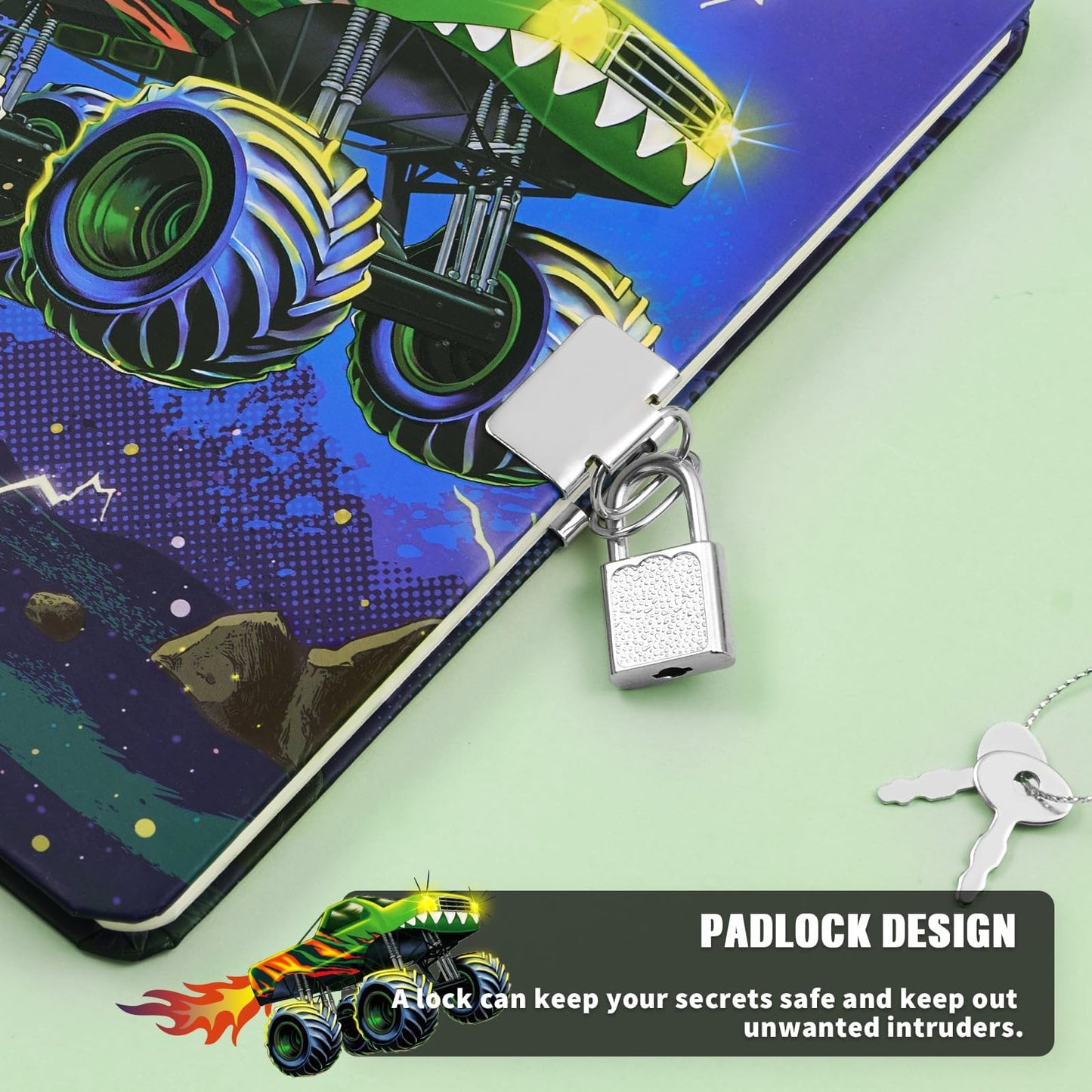 WERNNSAI Luminous Monster Truck Kids Diary with Lock – A5 Journal for Boys 6-12